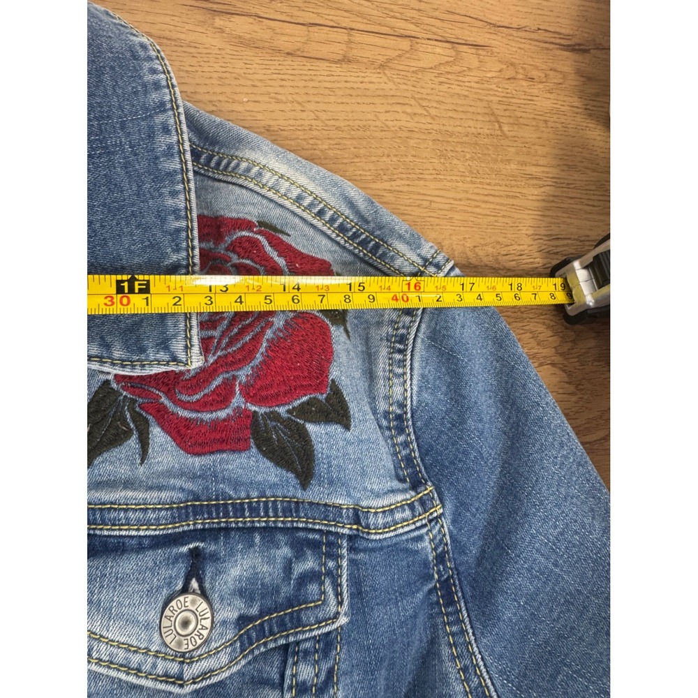 LuLaRoe Denim Jacket Womens M Blue Red Rose Floral Embroidered Stretch Jean Coat - Picture 8 of 10